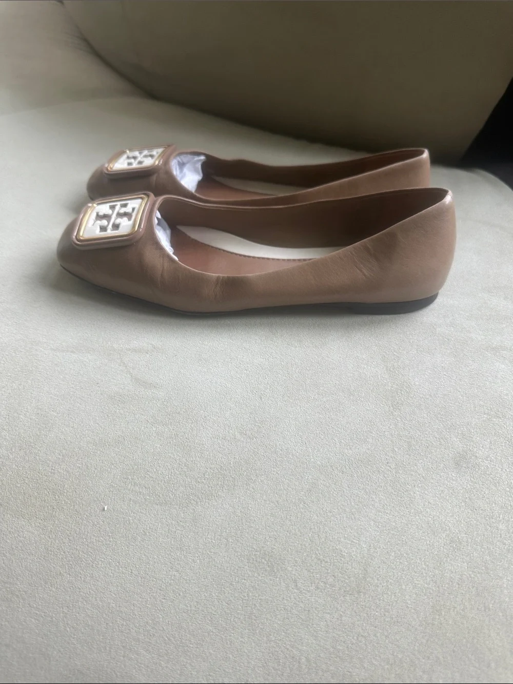 Tory Burch Blush Taupe Square-Toe Logo Ballet Flats